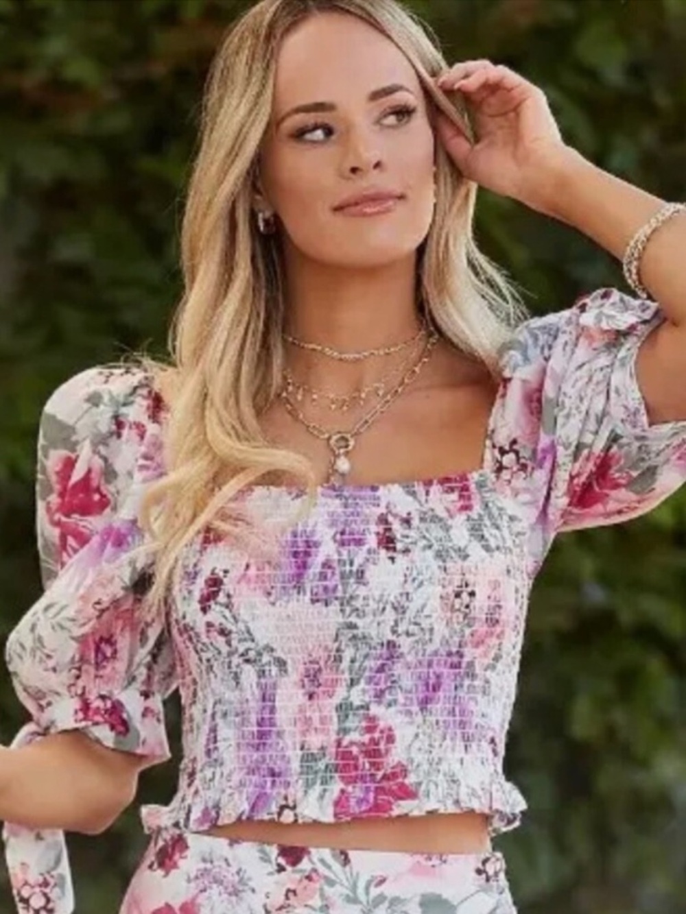 Express Floral Smocked Square-Neck Crop Top